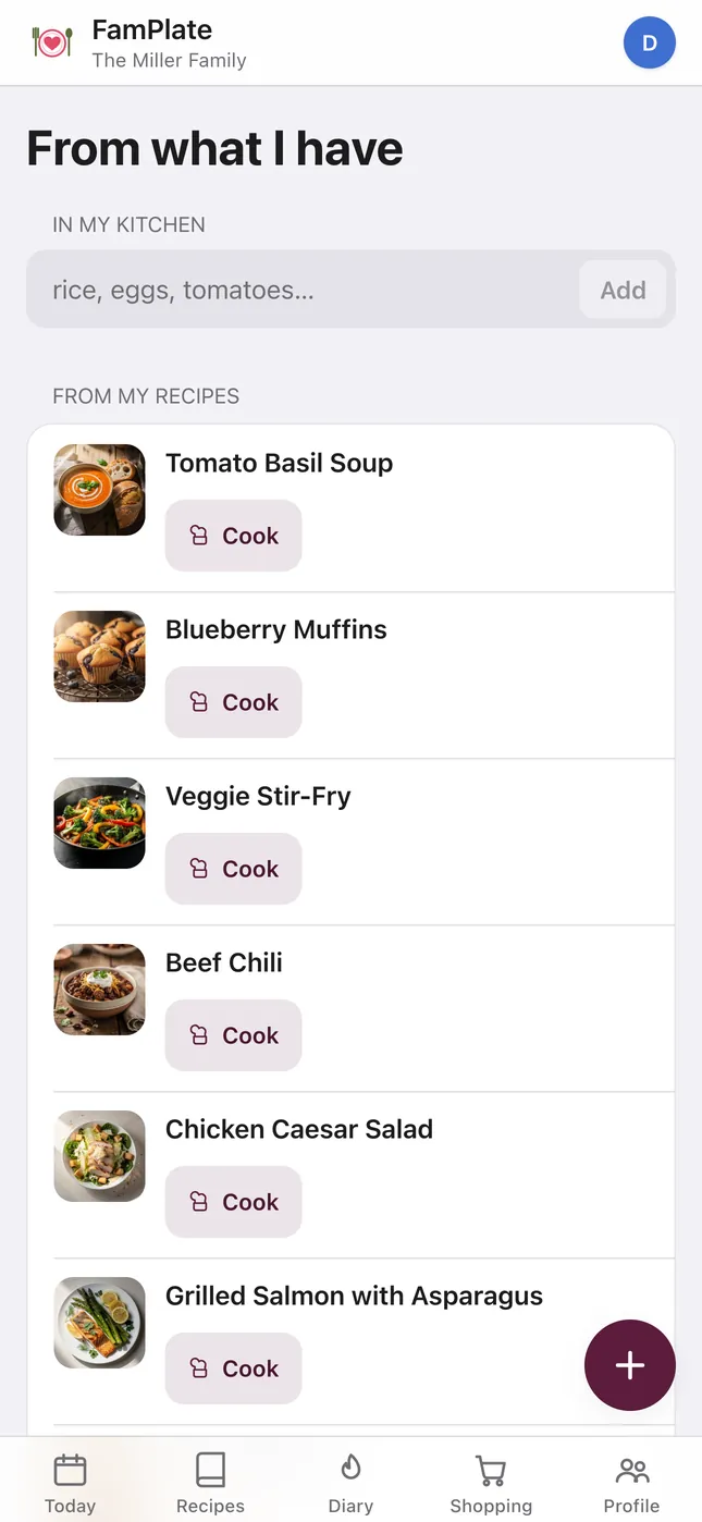 FamPlate “From what I have” screen on iPhone: an “In my kitchen” input, and recipes from the family book, each with a Cook button.