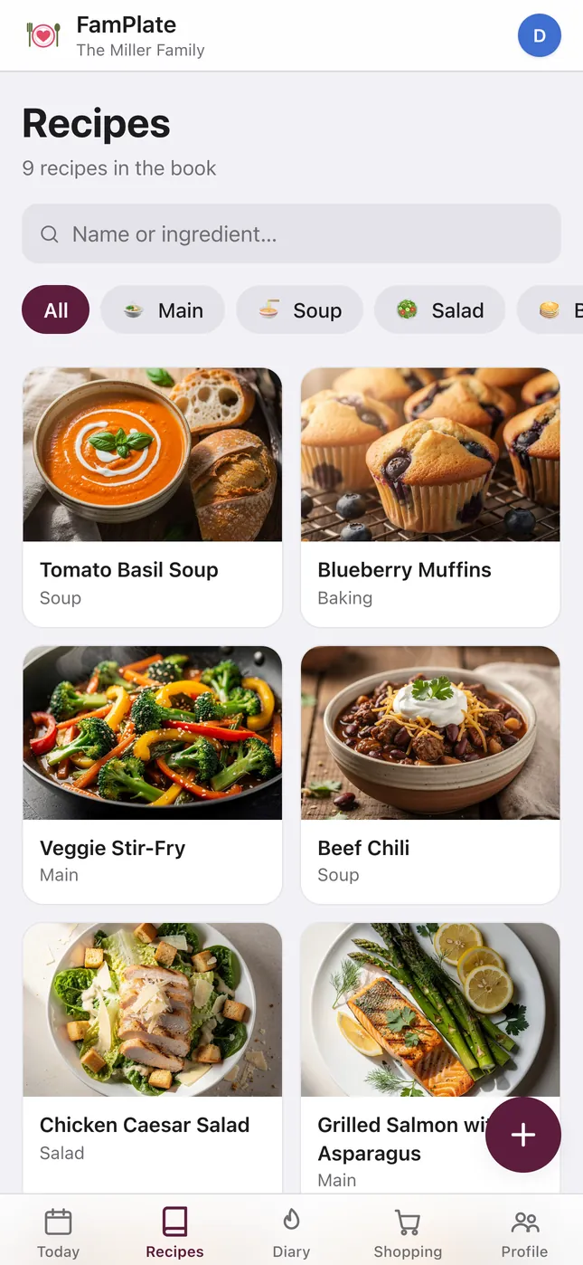 FamPlate recipe book on iPhone: “9 recipes in the book”, a name-or-ingredient search, dish-type filters and a grid of recipe photos.
