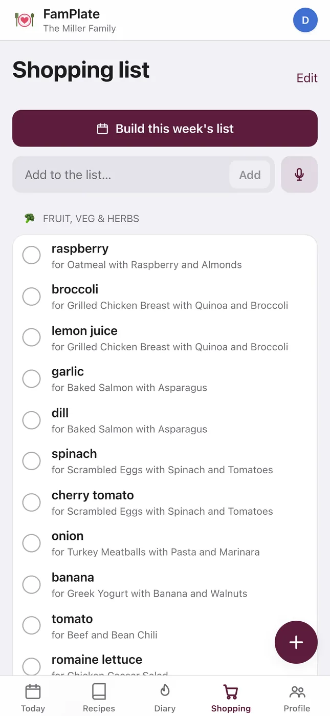 FamPlate shopping list on iPhone: a “Build this week's list” button, a voice add button, and the Fruit, veg & herbs section with each item's dish.