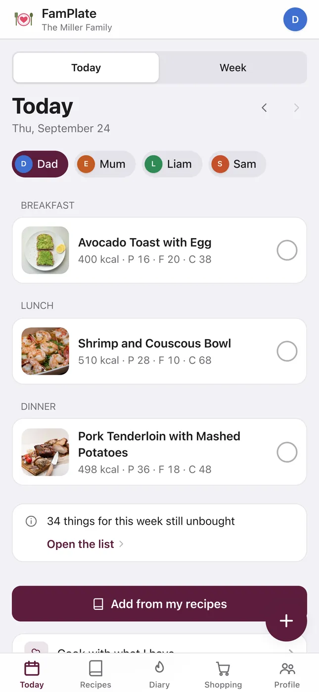 FamPlate Today view on iPhone: a chip for each of four family members, then breakfast, lunch and dinner with calories and macros, and an “Add from my recipes” button.